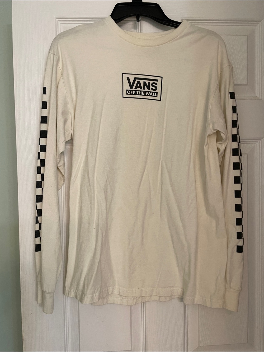 Vans Cream Long Sleeve Tee with Black Checker Stripe